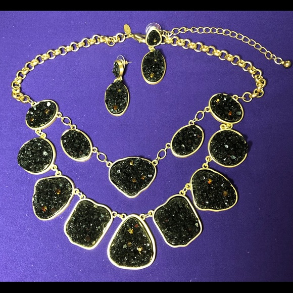 Chico's Jewelry - 2Pc SET: Black Druzy, Gold Stmnt Necklace/Earrings